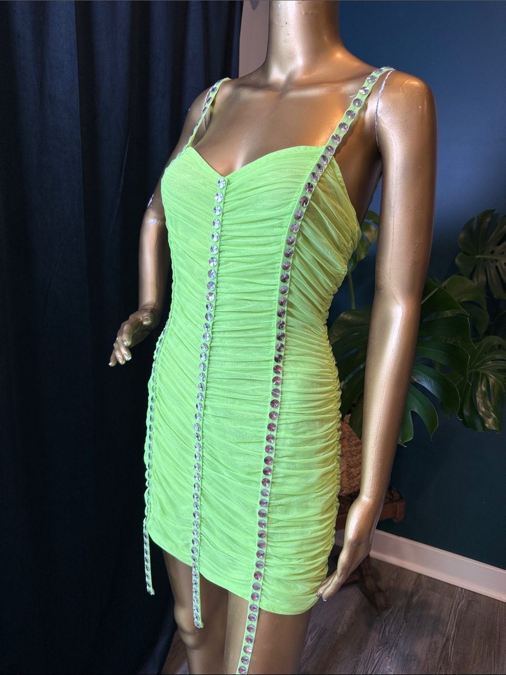For Love And Lemons Neon Lime Ruched Crystal-Trim Mini Dress